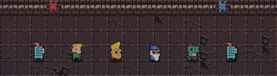 Six pixel-art adventurers in a row: knights, an elf, a dwarf, a wizard and a lizardfolk.