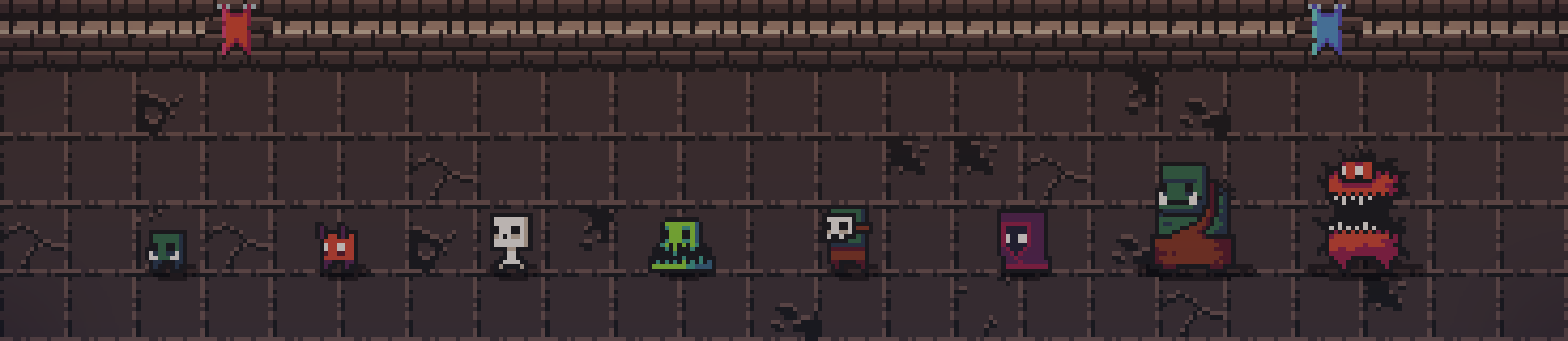 Eight pixel-art monsters in a row, growing larger from left to right: goblin, imp, skeleton, swampy, masked orc, necromancer, ogre and a big demon.