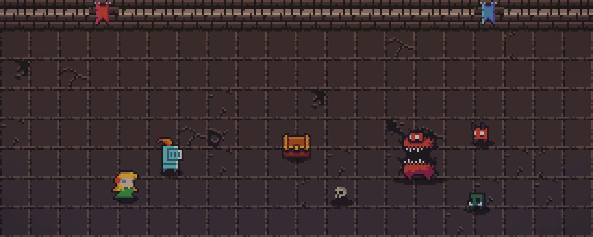 Two pixel-art adventurers face a red demon and its minions across a dungeon floor, a treasure chest between them.