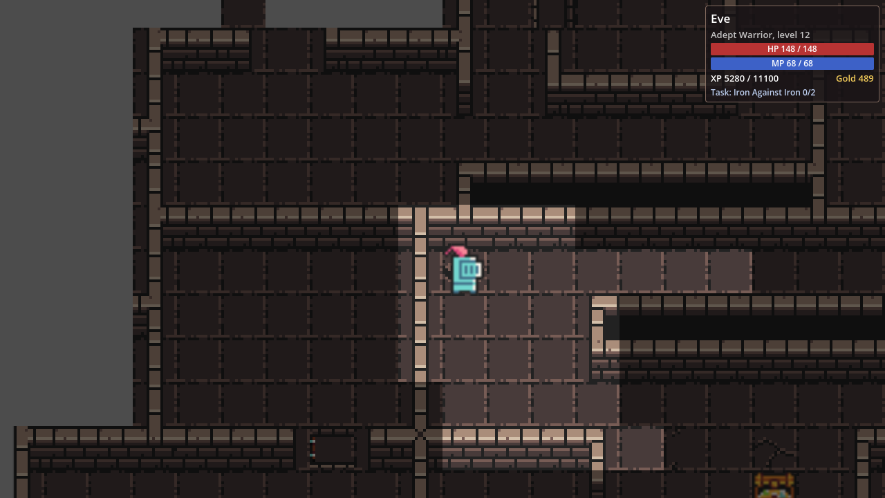 In-game screenshot: an armoured adventurer stands in a lit stone room; the HUD in the corner shows name, level, health, mana, gold and the current guild task.